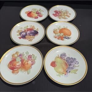 6 Vintage PMR Bavaria Germany Golden Crown E&R 1886 Fruit Orchard Plate Set Nice